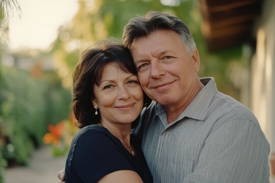 Happy older couple embracing and smiling at the camera, showing affection.