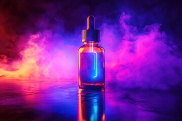 Fototapeta premium Colorful glass bottle with dropper surrounded by vibrant neon smoke
