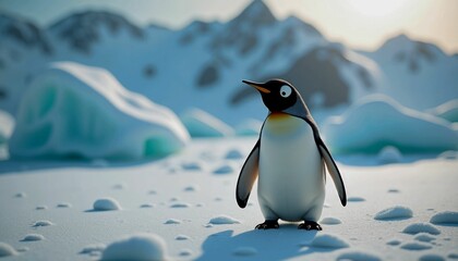 Obraz premium Emperor penguin standing happily on ice near mountains at sunrise, copy space