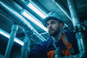Skilled technician examines piping system in industrial facility during evening work hours