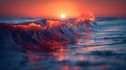 Vibrant sunset over ocean waves with shimmering reflections and serene atmosphere