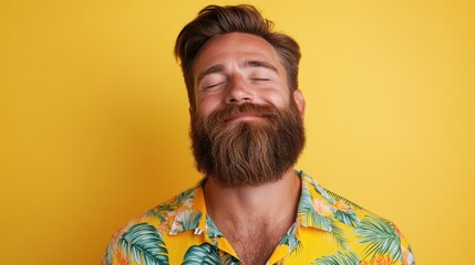 A joyful man with a beard in a colorful tropical shirt stands against a yellow background, embodying warmth and positivity with a serene expression and a sense of freedom.