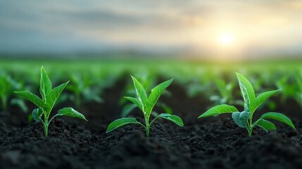 Young plants sprouting in fertile soil at sunrise