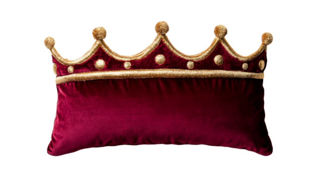 Royal Crown Pillow, Velvet Texture, Gold Trim, Isolated, Cut Out Transparent