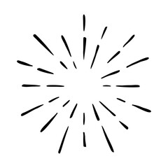 Vector hand drawn illustration of light rays, firework, sunburst. Vintage style element, round frame, isolated on white background.