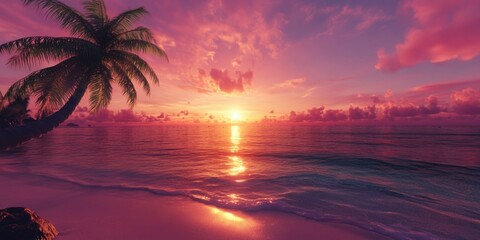 Calm ocean at sunset with palm trees, perfect vacation scene.