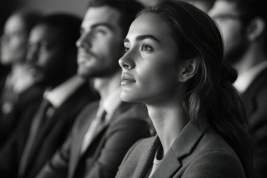 A young woman in a business suit at the center of attention, surrounded by men in suits.