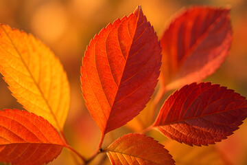 Fototapeta premium Close-up of vibrant orange and red autumn leaves in sunlight