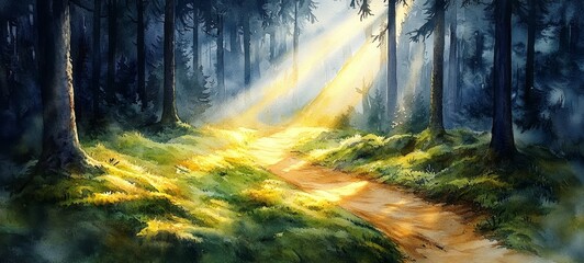 Obraz premium Golden Canopy Glow, Sunshine filtering through trees