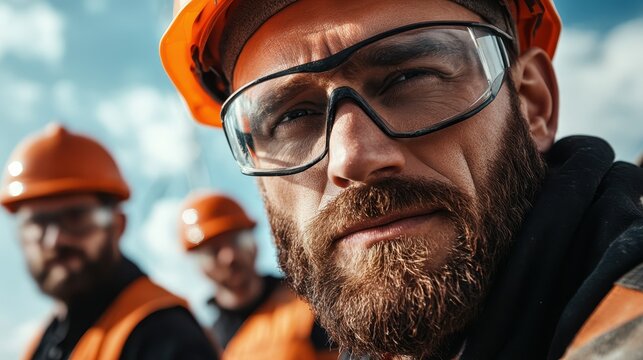A focused construction worker in an orange hard hat with safety glasses delivers a confident smile, emphasizing professionalism and dedication in a challenging work environment.