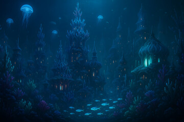 Fototapeta premium Fantasy underwater city of glowing coral towers and jellyfish