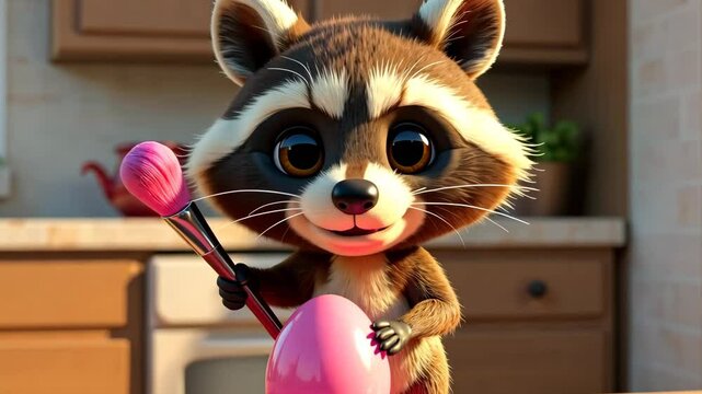 Raccoon dyeing egg pink in kitchen, easter card. AI Generative