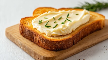 A slice of golden toasted bread spread with creamy topping sits elegantly on a wooden board, showcasing a simple yet delicious snack ready to enjoy.
