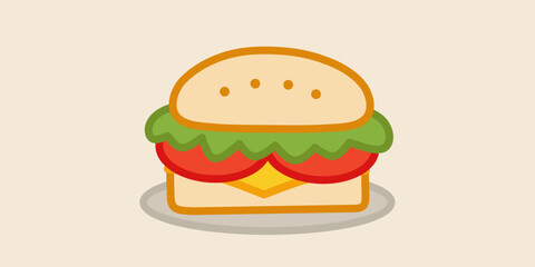 Delicious burger with a perfectly toasted bun, layers of cheese, fresh tomato slices, and crisp lettuce illustration. Ideal for fast food icon, restaurant menu, and culinary theme design.