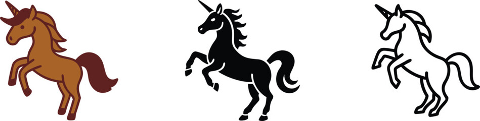 Three Unicorn Variations Brown, Black, and Outline Designs