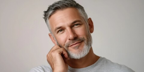 Fototapeta premium Mature man with gray beard and mustache posing for studio portrait. Mid-adult white male, contemplative expression.