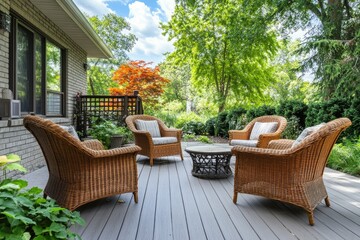 Fototapeta premium Six-piece patio set with wicker seating and table. Wine glasses on the table. Shaded area for outdoor relaxation.