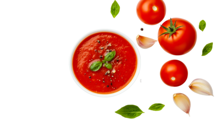 Tomato soup in a bowl with basil and garlic, cut out transparent