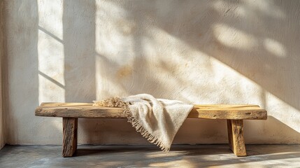 Obraz premium Serene rustic bench adorned with soft blanket against textural wall bathed in gentle light creates cozy ambiance