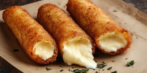 Golden brown, oozing melted cheese breadsticks on paper. Ready for a bite.