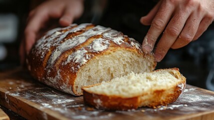 Artisan Sourdough Bread Loaf Being Sliced Close up Rustic Wooden Board Bakery
