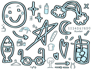 Set of hand-drawn stickers in black and blue