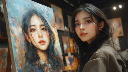 A beautiful art gallery in Korea, with paintings, portraits, and a display of professional work.