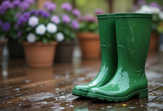 Green Rain Boots with Water Droplets
 Spring Gardening Scene with Soft Focus Flowers