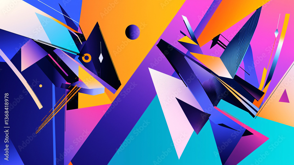 Poster Stunning colorful abstract background showcasing geometric forms and angular shapes layered together in a bold and dynamic design.