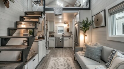 Compact lifestyle modern design in a tiny home interior with lofted bed and stairs leading to living space for cozy dwelling