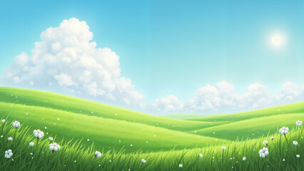 Obraz premium Blue sky, white clouds, green grass