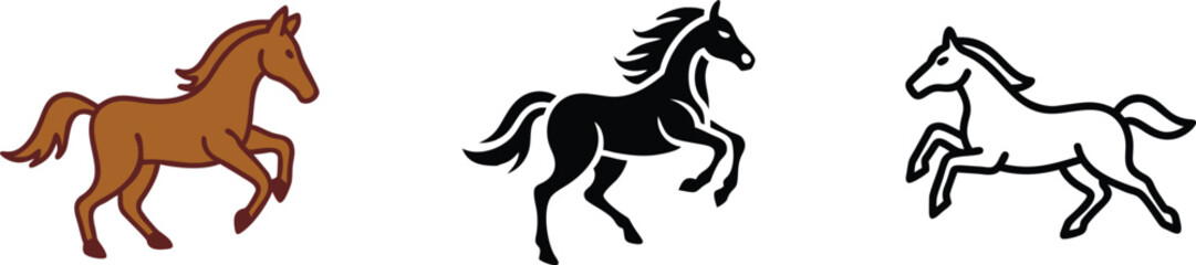 Three Horse Illustrations Brown, Black, White Line Art Designs