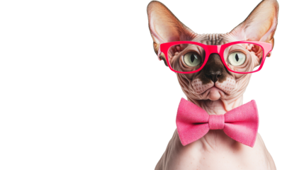 Cat with pink glasses and bow tie poses, hairless pet portrait, cut out transparent