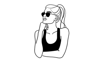 Girl narcissist, admires himself with black glasses on white background. Sport girl model line art drawing. Vector illustration