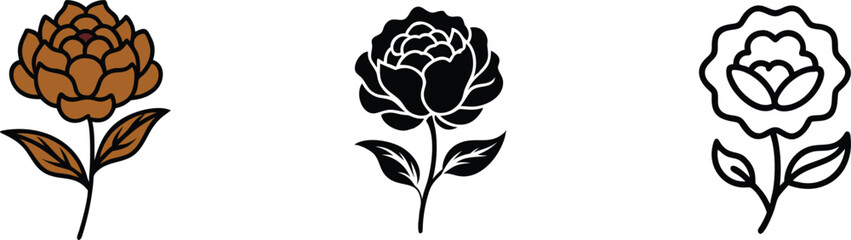 Floral Designs Brown, Black, Outline Peony Flower Illustrations © Bappaditya Roy