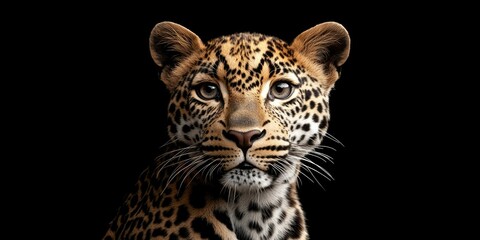 Fototapeta premium Close-up image of a baby leopard with alert eyes and whiskers. Cute wild animal. Perfect for nature lovers or as stock imagery.