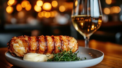 A beautifully plated gourmet dish featuring a crispy exterior, creamy filling, and surrounded by fresh greens, presenting an exquisite culinary experience for food lovers.