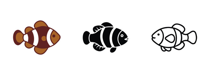 Clownfish Illustrations Brown, Black, Outline, Aquatic, Fish, Marine, Ocean, Animal, Icon, Designs