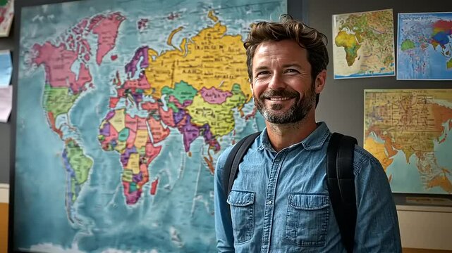 Smiling teacher stands in front of a colorful world map in a vibrant classroom setting