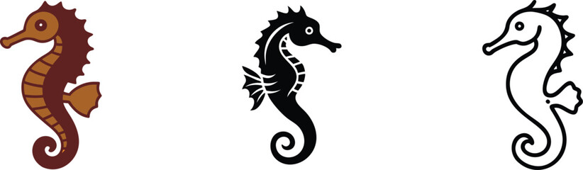 Fototapeta premium Three Seahorse Illustrations Brown, Black, and Outline Designs