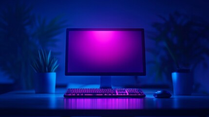 Futuristic workspace with glowing monitor and keyboard