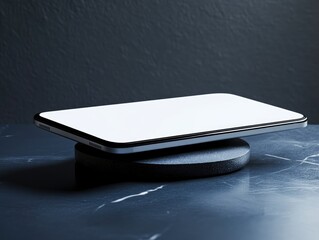 Phone mockup displayed on a sleek black stand against a dark background.  