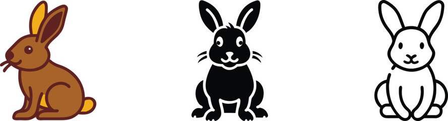 Three Rabbit Illustrations Brown, Black, White, Cute, Sitting, Cartoon, Hare, Bunny, Icon, Designs