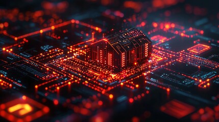 Fototapeta premium Futuristic digital house on a glowing circuit board