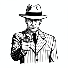 Man with a Gun: A strong and determined figure, the man stands centered, weapon aimed directly. The black and white image creates an atmosphere of danger.