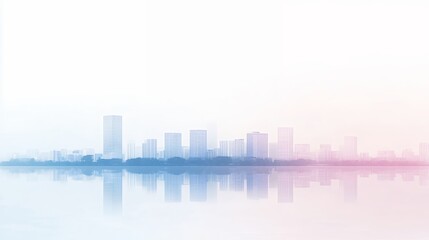 Naklejka premium City Skyline Reflected in Water with Soft Pastel Colors and Calm Mood