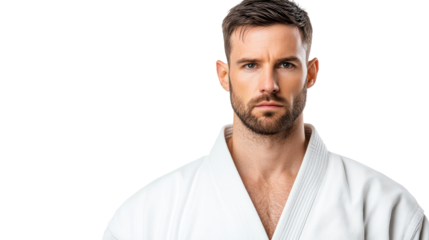 Serious martial artist in white uniform poses directly at camera, cut out transparent
