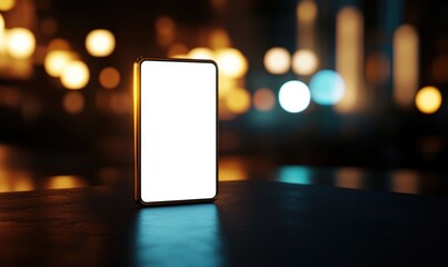 modern phone mockup glowing against a blurred city background  