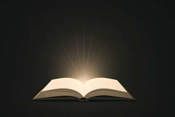 Glowing open book with rays of light on dark background

