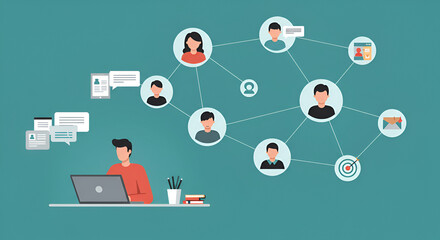 Abstract Digital Network Connection on Teal Background with Laptop User and Diverse Profile Avatars